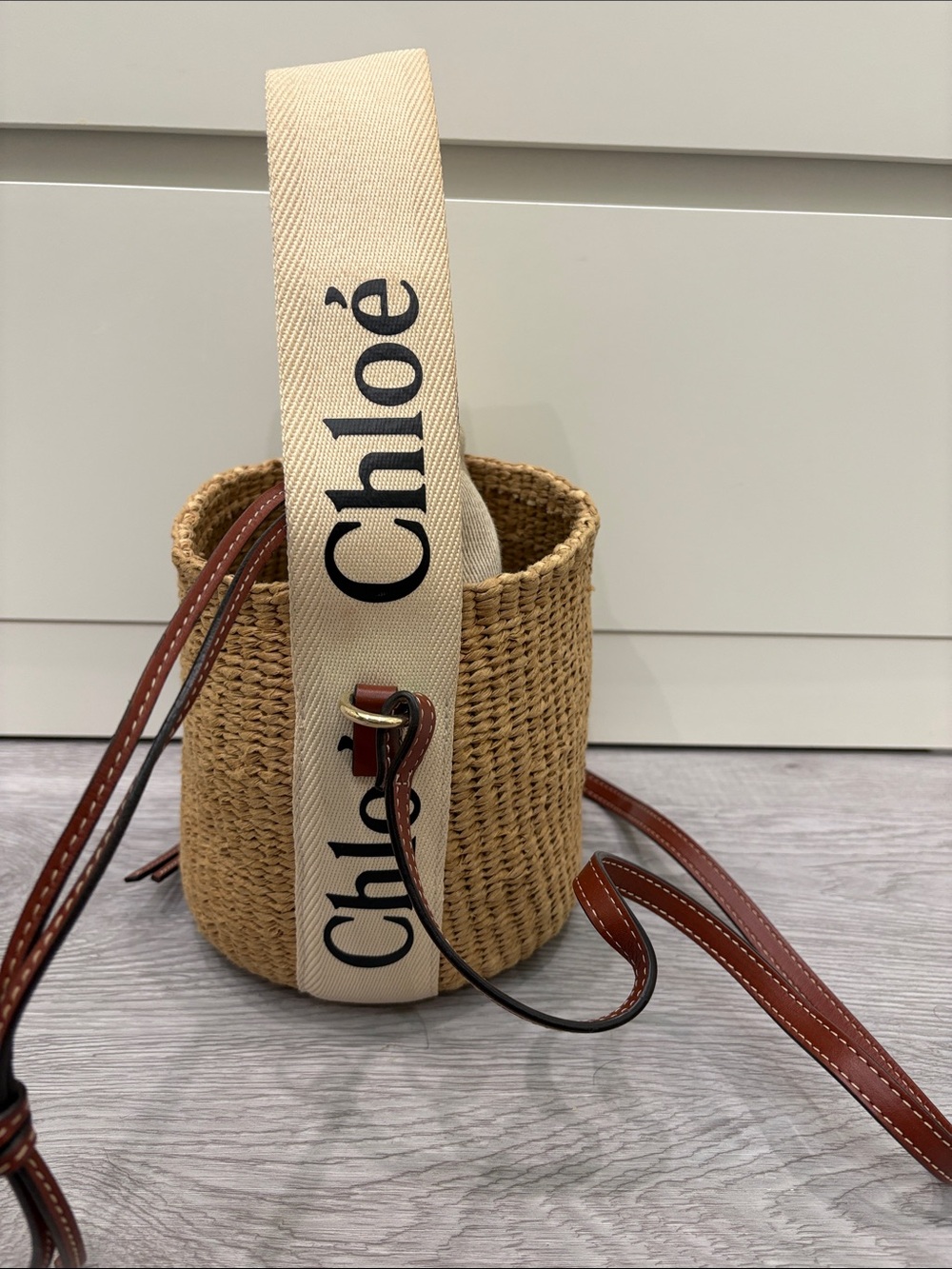 Chloe Natural Straw Bucket Tote with Logo Strap